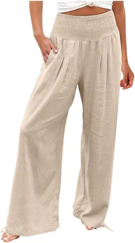 NaRHbrg Linen Pants Women Summer Wide Leg Flowy Beach Palazzo Pants High Waisted Drawstring Casual Trousers with Pockets