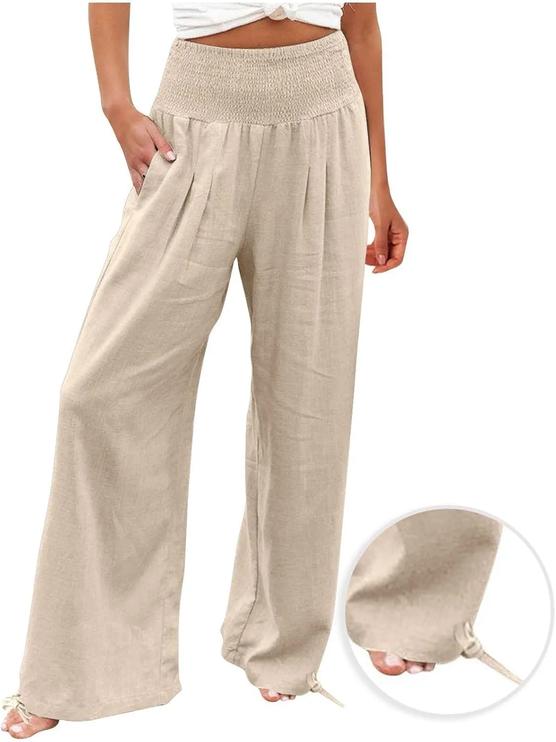 NaRHbrg Linen Pants Women Summer Wide Leg Flowy Beach Palazzo Pants High Waisted Drawstring Casual Trousers with Pockets
