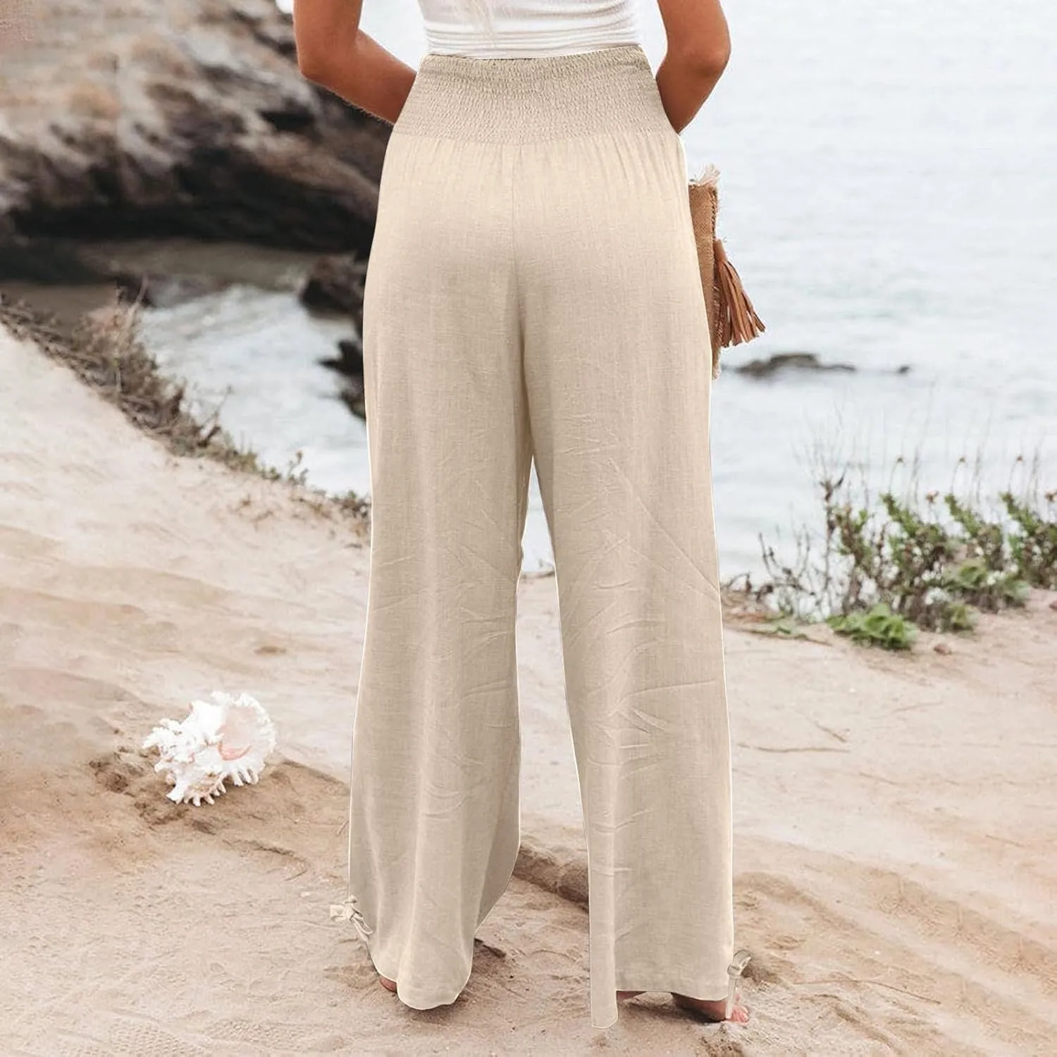 NaRHbrg Linen Pants Women Summer Wide Leg Flowy Beach Palazzo Pants High Waisted Drawstring Casual Trousers with Pockets