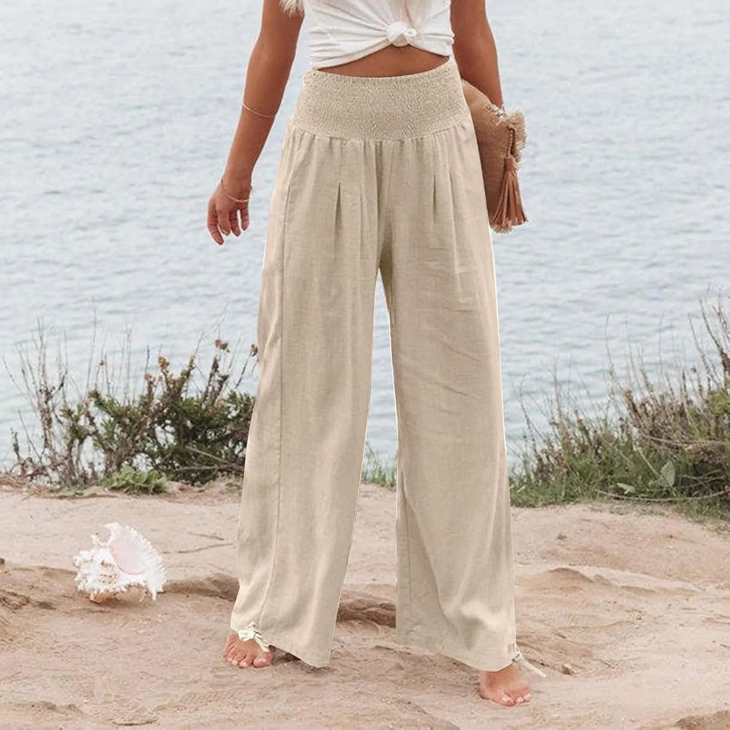 NaRHbrg Linen Pants Women Summer Wide Leg Flowy Beach Palazzo Pants High Waisted Drawstring Casual Trousers with Pockets