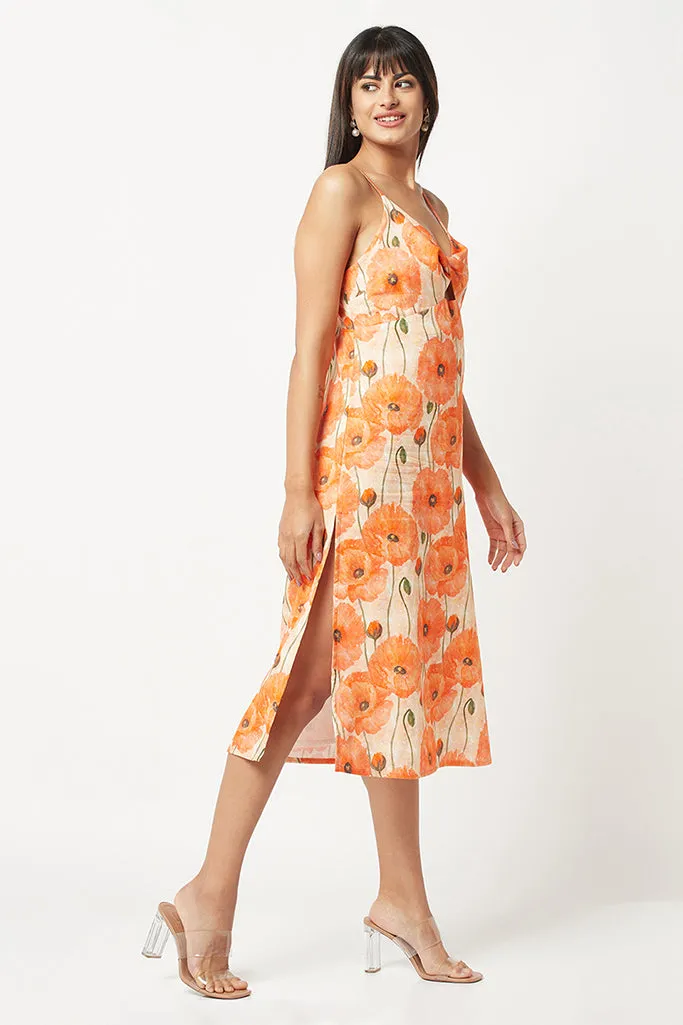 Orange Floral Shoulder Strap Dress