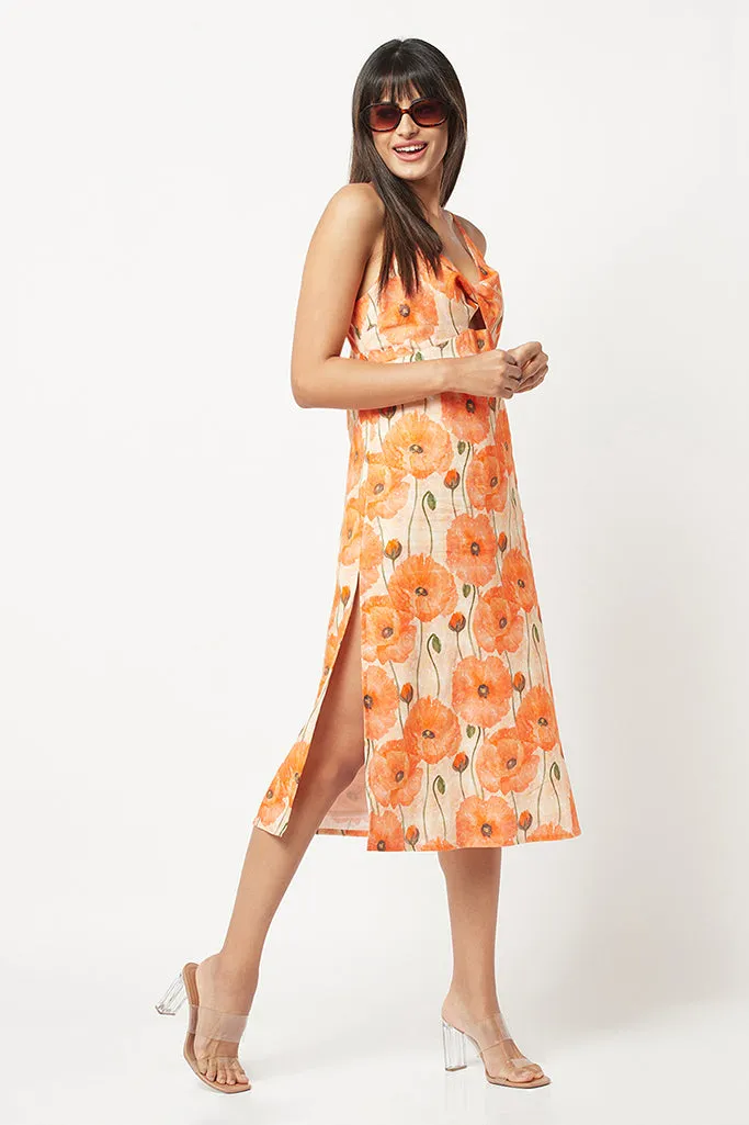 Orange Floral Shoulder Strap Dress