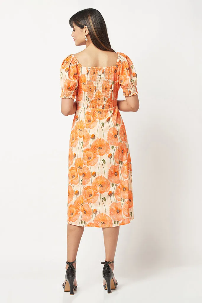 Orange Floral Slit Dress