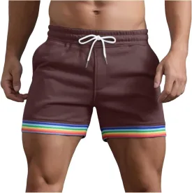 Pride-Shorts Men Summer Solid Color Rainbow Stripe Shorts Pants Pocket Drawstring Casual Loose Sports Gym Running Shorts