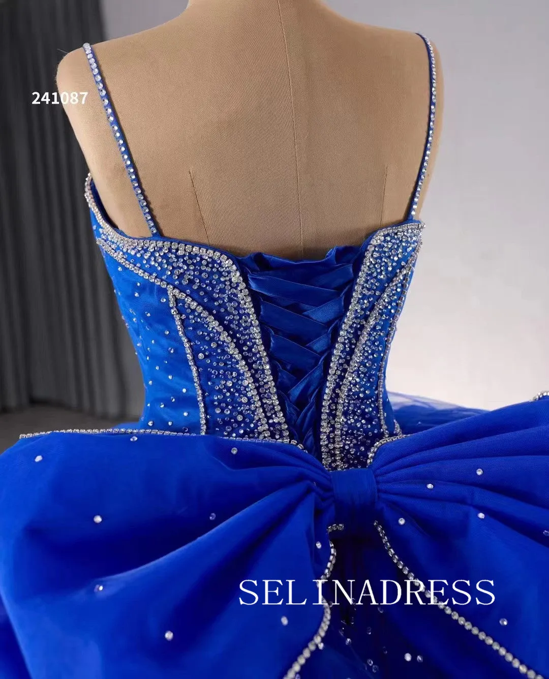 Royal Blue Beaded Wedding Dresses Spaghetti Straps Quinceanera Dress With Bowknot 241087