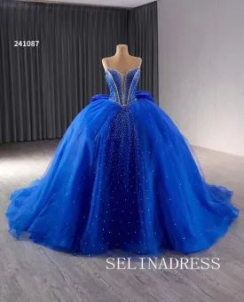 Royal Blue Beaded Wedding Dresses Spaghetti Straps Quinceanera Dress With Bowknot 241087