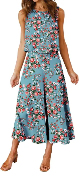 ROYLAMP Women's Summer 2 Piece Outfits Round Neck Crop Basic Top Cropped Wide Leg Pants Set Jumpsuits