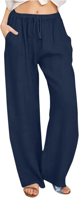 Ruziyoog Womens Cotton Linen Palazzo Pants Drawstring Elastic Waist Casual Wide Leg Beach Pants Summer Loose Fit Trousers