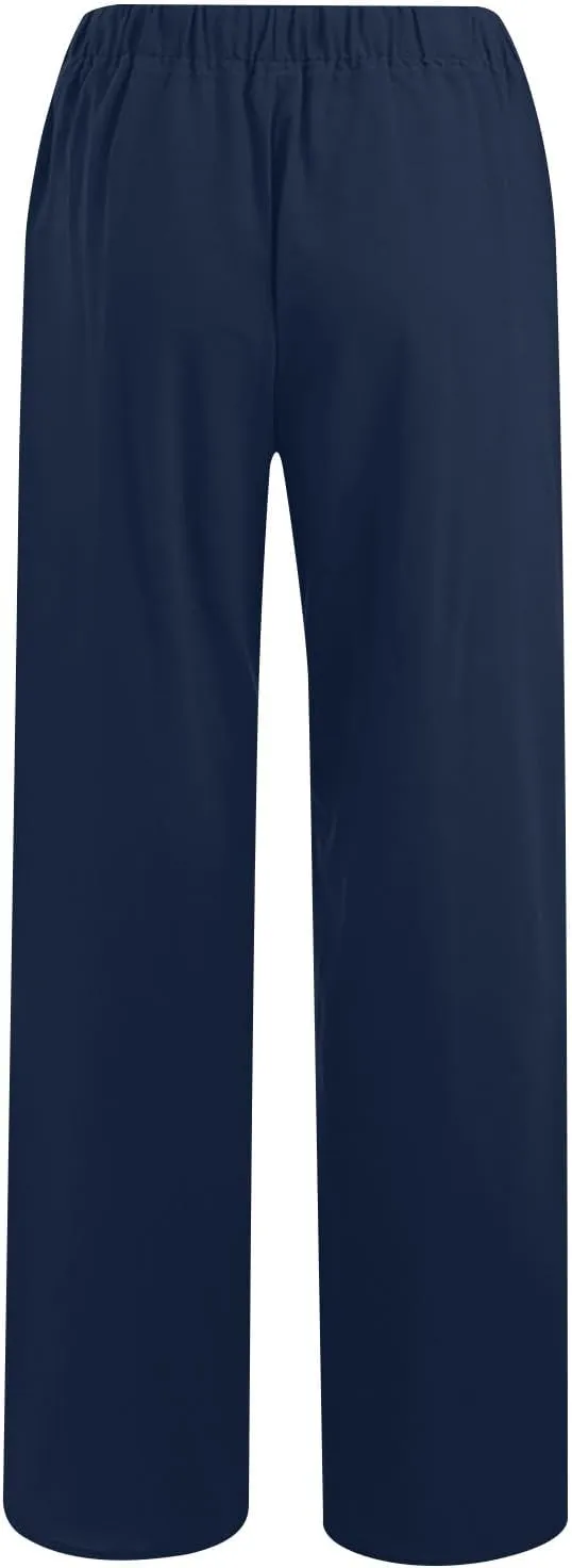 Ruziyoog Womens Cotton Linen Palazzo Pants Drawstring Elastic Waist Casual Wide Leg Beach Pants Summer Loose Fit Trousers