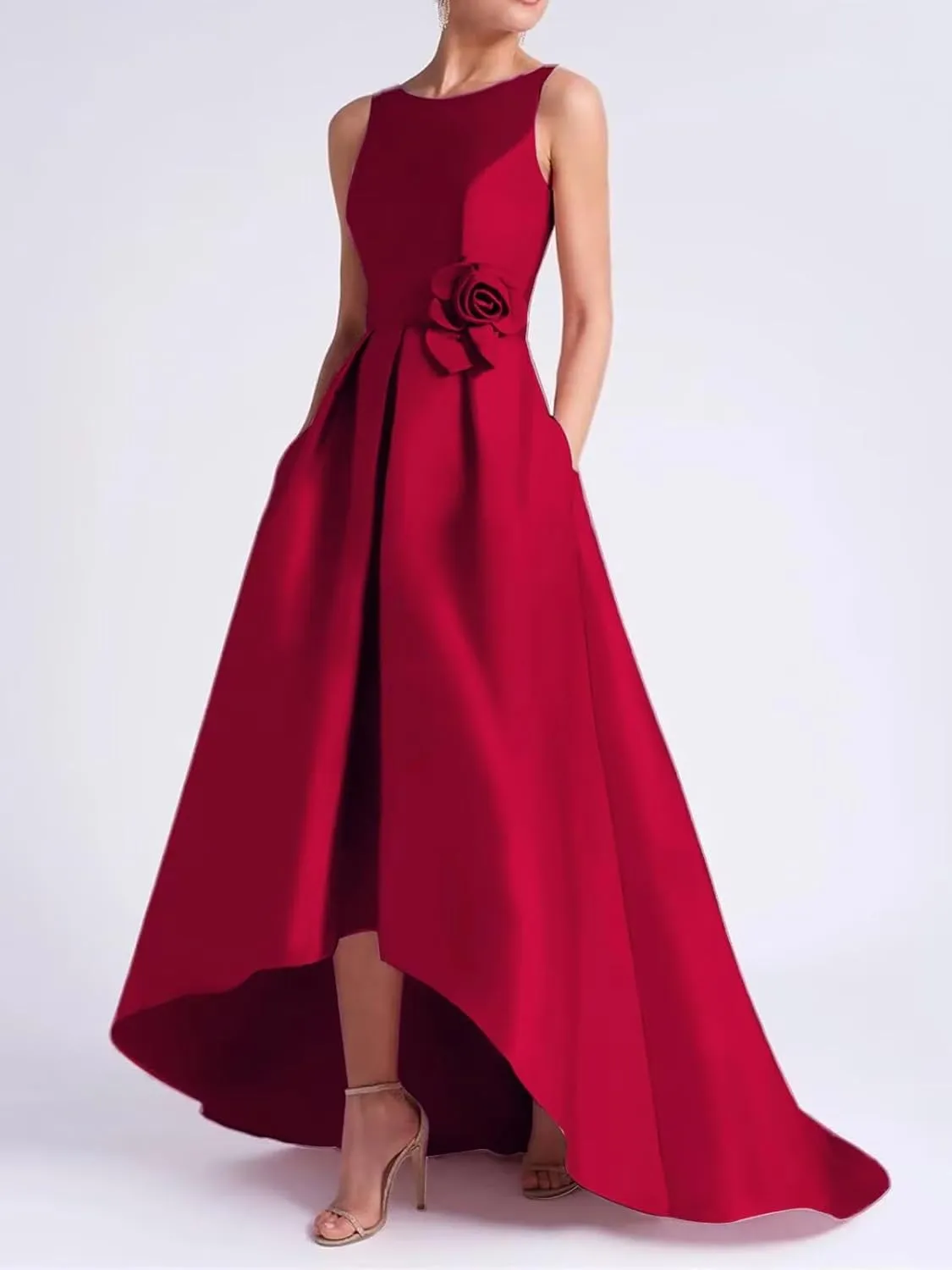 SHANDUAO 3D Flower Satin Mother of The Bride Dresses Hi-Low Formal Gown with Train