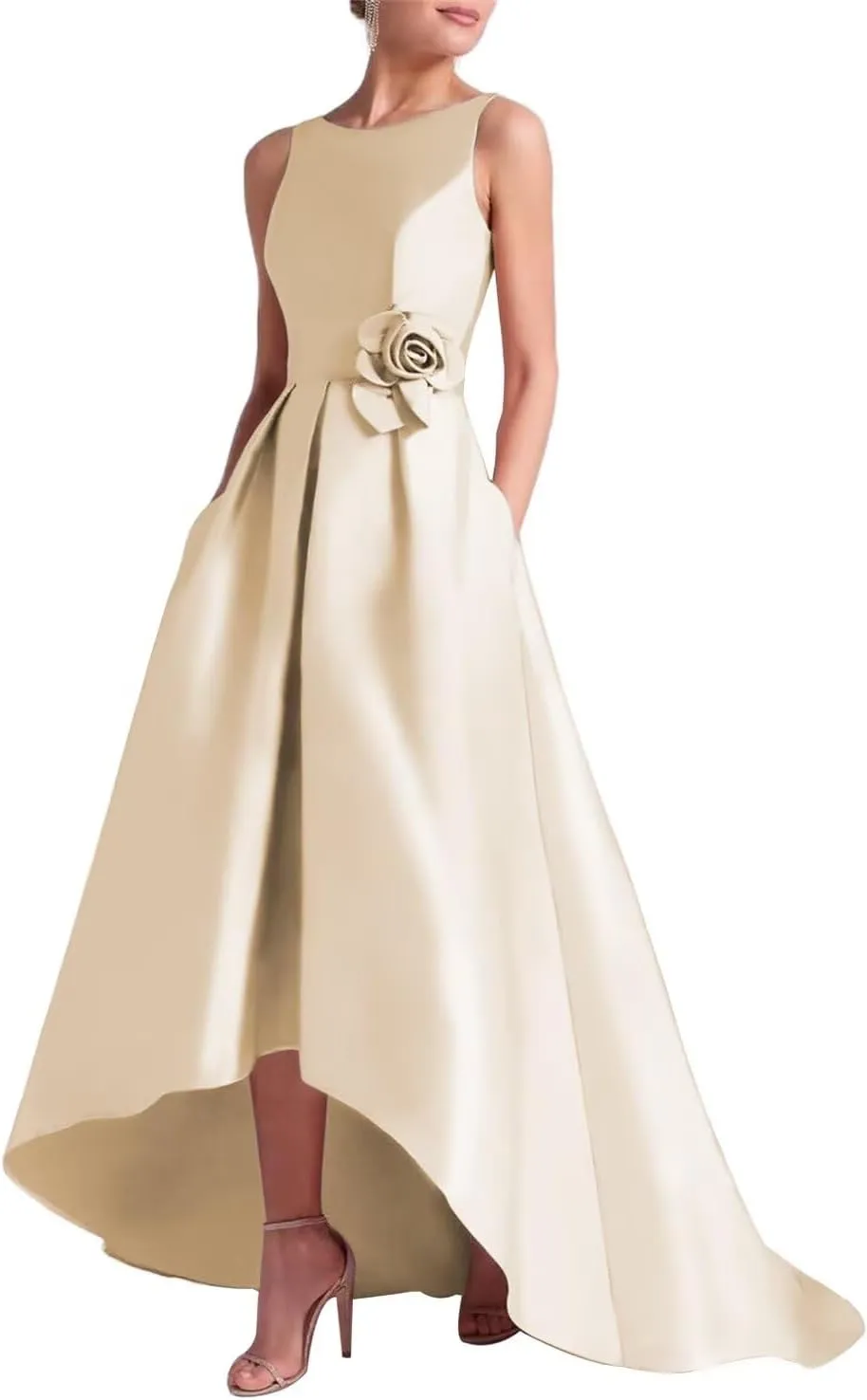 SHANDUAO 3D Flower Satin Mother of The Bride Dresses Hi-Low Formal Gown with Train