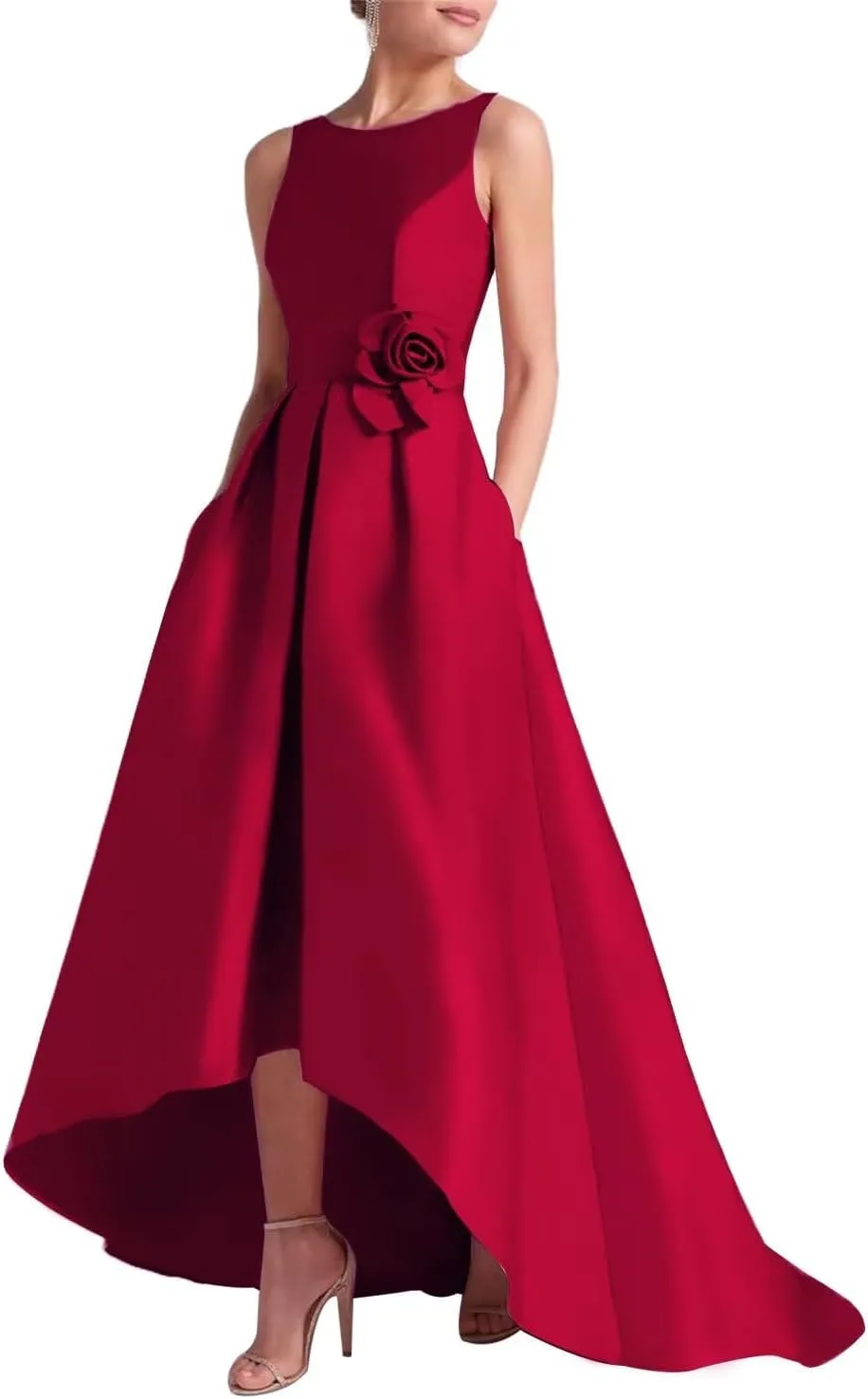 SHANDUAO 3D Flower Satin Mother of The Bride Dresses Hi-Low Formal Gown with Train