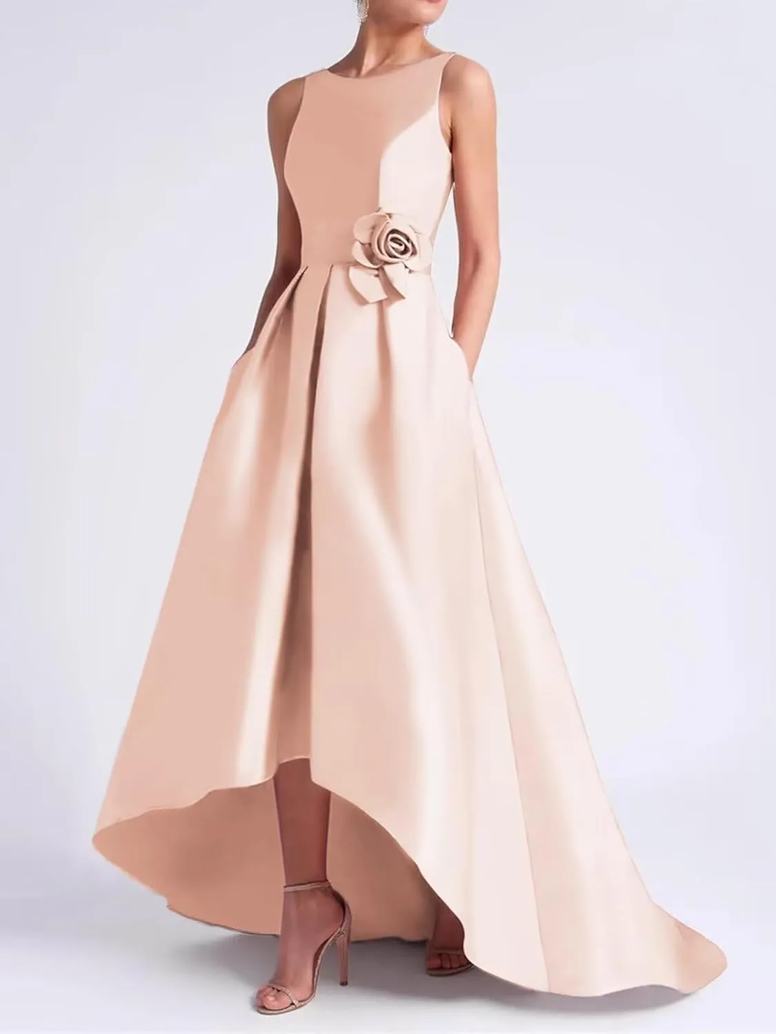 SHANDUAO 3D Flower Satin Mother of The Bride Dresses Hi-Low Formal Gown with Train