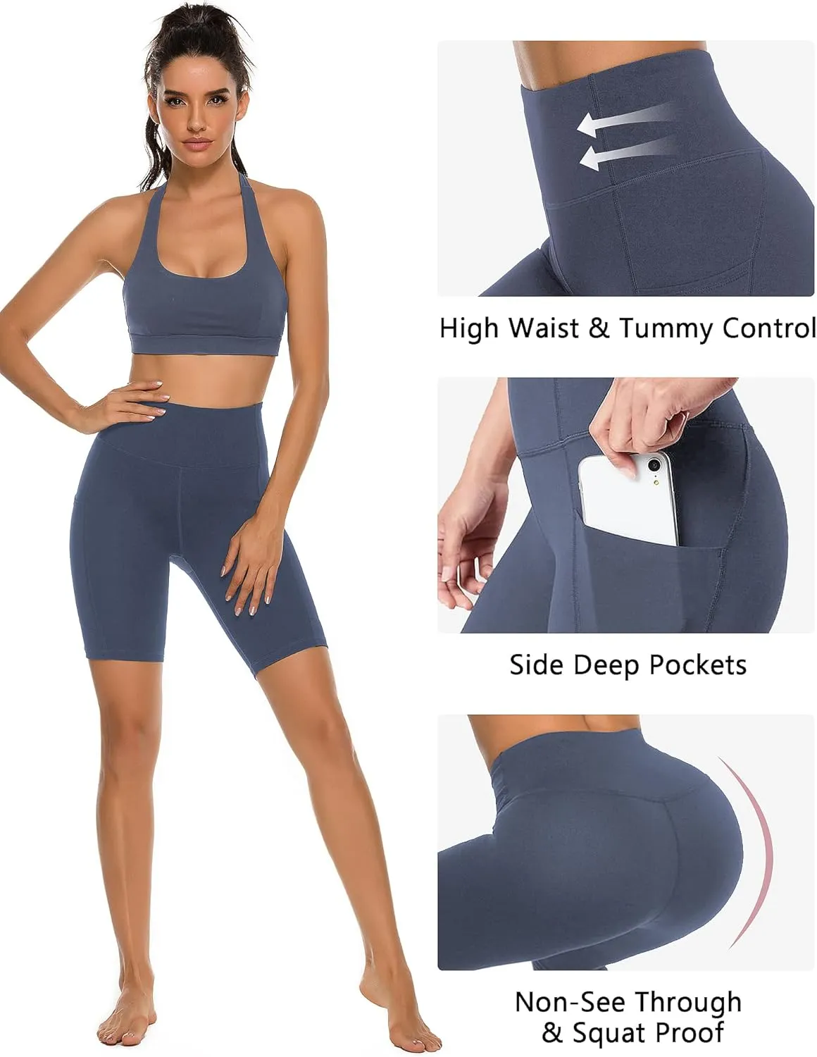 Stelle Women's 8"/ 5" High Waist Biker Shorts Yoga Shorts with Pockets Tummy Control Workout Shorts for Running Gym