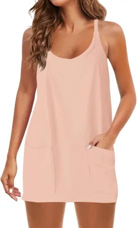 Summer Dresses Shirt for Women Sleeveless Mini V Neck Dress Spaghetti Strap Sundress Athletic Short Dress With Pockets