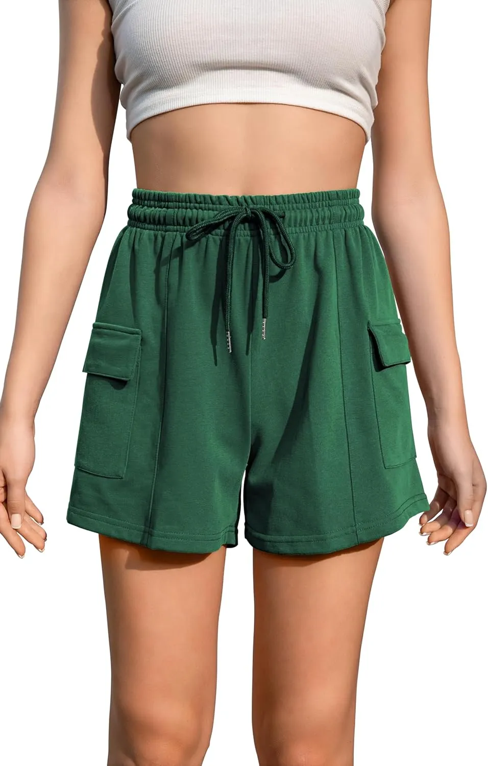 Summer High Waisted Cargo Shorts with Pockets Cotton Drawstring Casual Shorts Women
