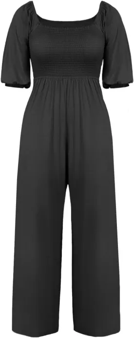 Tongmingyun Women's Casual Smocked Jumpsuits Loose Elastic Waist Wide Leg Flowy Long Pants Rompers