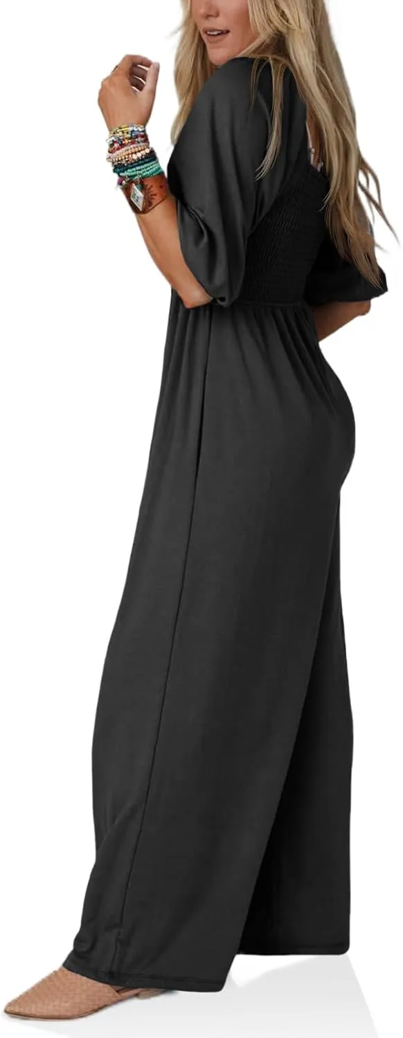 Tongmingyun Women's Casual Smocked Jumpsuits Loose Elastic Waist Wide Leg Flowy Long Pants Rompers