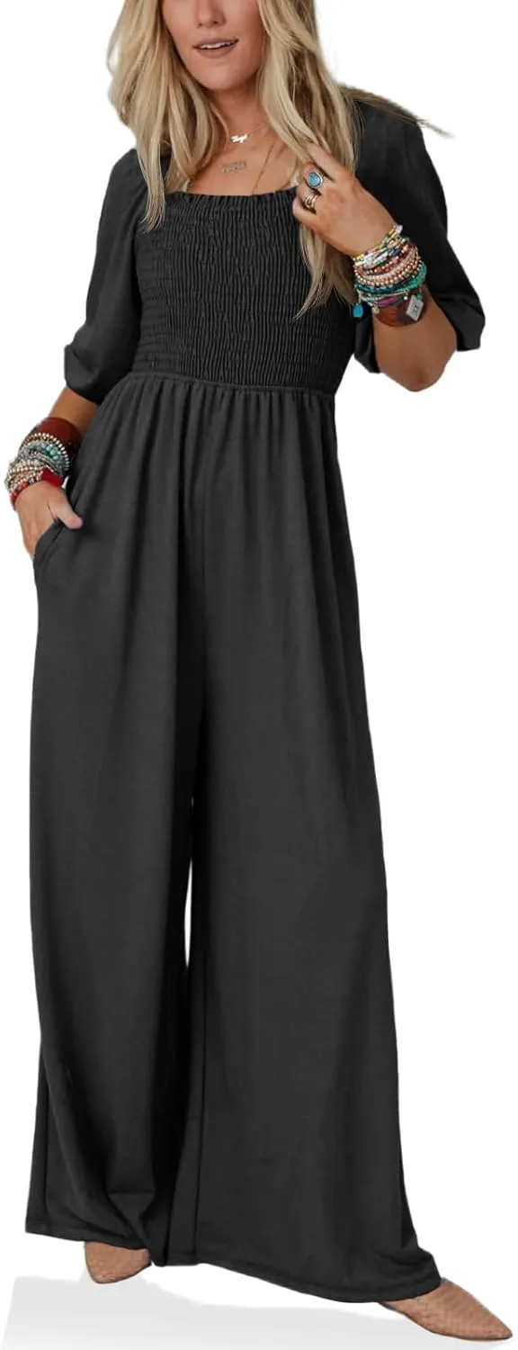 Tongmingyun Women's Casual Smocked Jumpsuits Loose Elastic Waist Wide Leg Flowy Long Pants Rompers