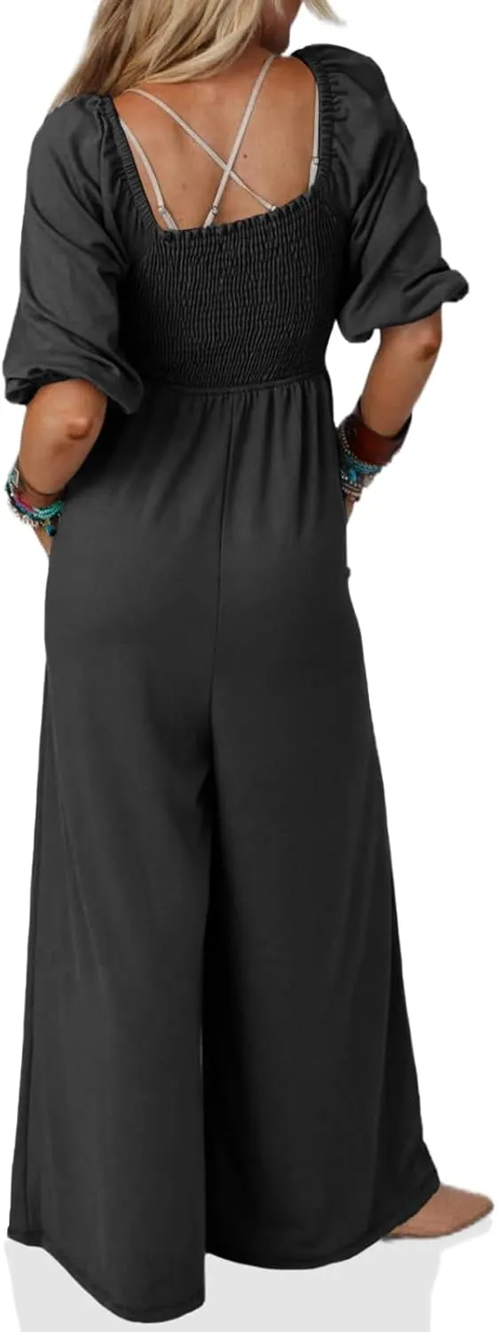 Tongmingyun Women's Casual Smocked Jumpsuits Loose Elastic Waist Wide Leg Flowy Long Pants Rompers