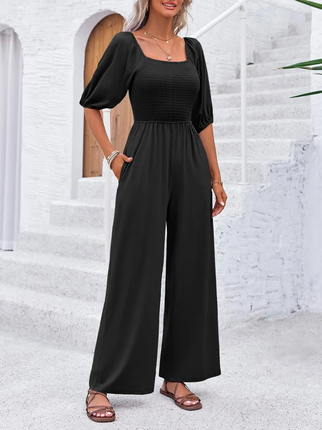 Tongmingyun Women's Casual Smocked Jumpsuits Loose Elastic Waist Wide Leg Flowy Long Pants Rompers