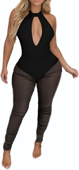 Uni Clau Women See Through Bodycon Jumpsuit - One Piece Deep V Neck Outfits Sheer Mesh Leopard Clubwear Jumpsuit Rompers