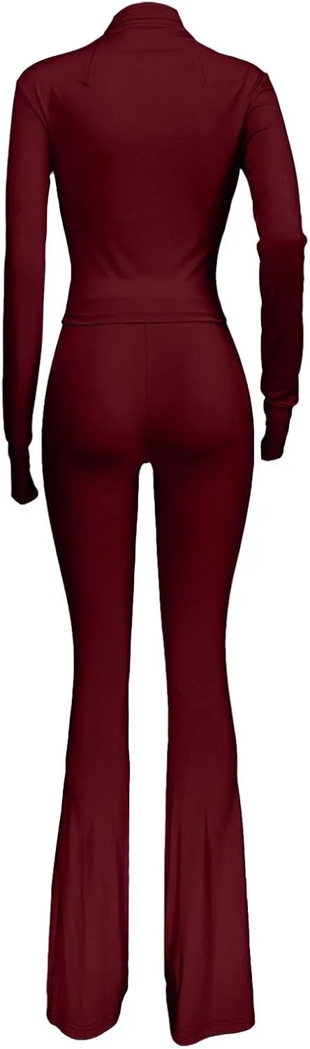 Womens 2 Piece Outfits Workout Zip Up Sweatshirt and Jogger Flare Yoga Pants Gym Sweat Suits Fashion Jumpsuits