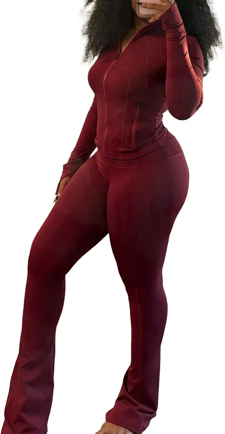 Womens 2 Piece Outfits Workout Zip Up Sweatshirt and Jogger Flare Yoga Pants Gym Sweat Suits Fashion Jumpsuits