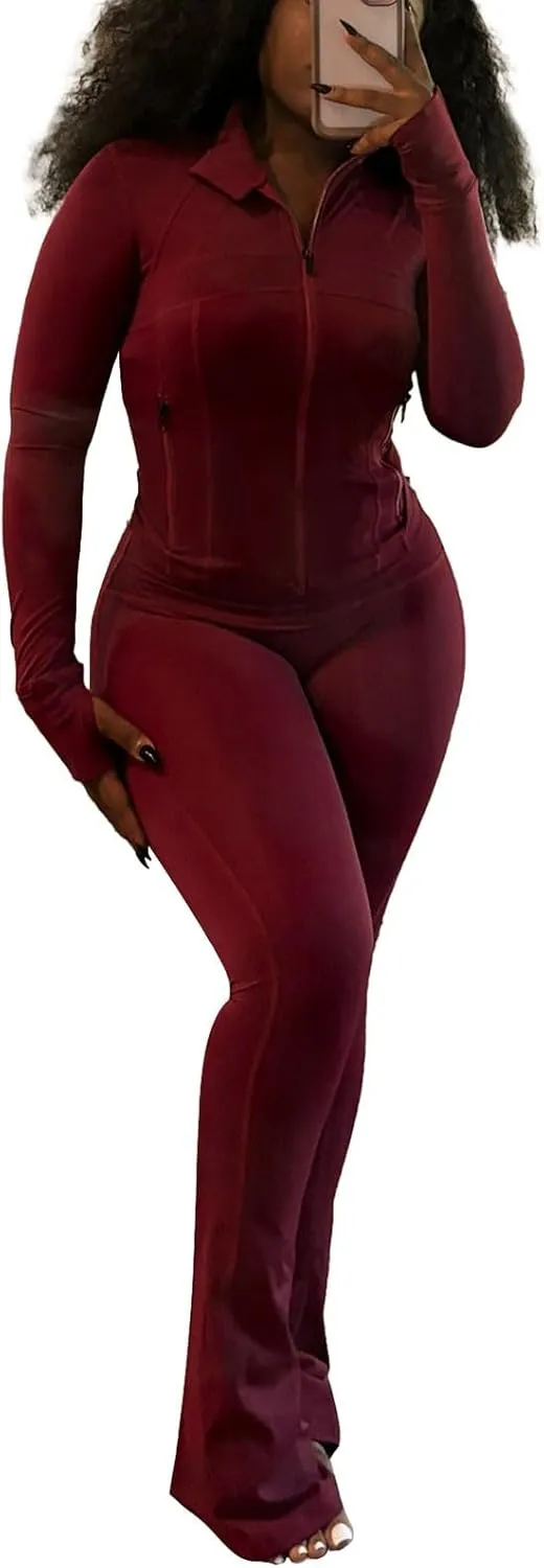 Womens 2 Piece Outfits Workout Zip Up Sweatshirt and Jogger Flare Yoga Pants Gym Sweat Suits Fashion Jumpsuits