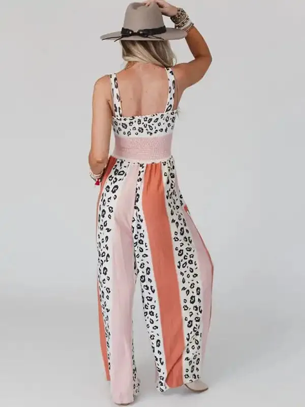 Women’s Casual Fashion Leopard Mixed Color Print Pocket Jumpsuit