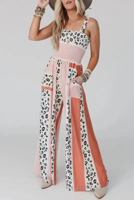 Women’s Casual Fashion Leopard Mixed Color Print Pocket Jumpsuit