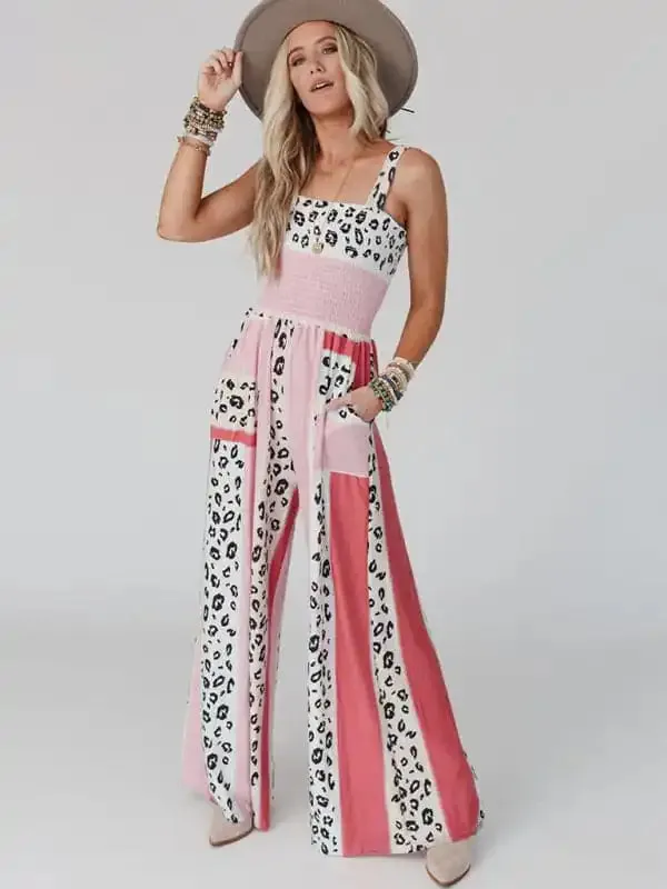 Women’s Casual Fashion Leopard Mixed Color Print Pocket Jumpsuit