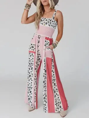 Women’s Casual Fashion Leopard Mixed Color Print Pocket Jumpsuit