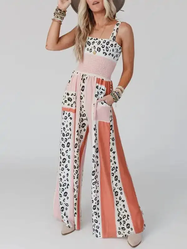 Women’s Casual Fashion Leopard Mixed Color Print Pocket Jumpsuit