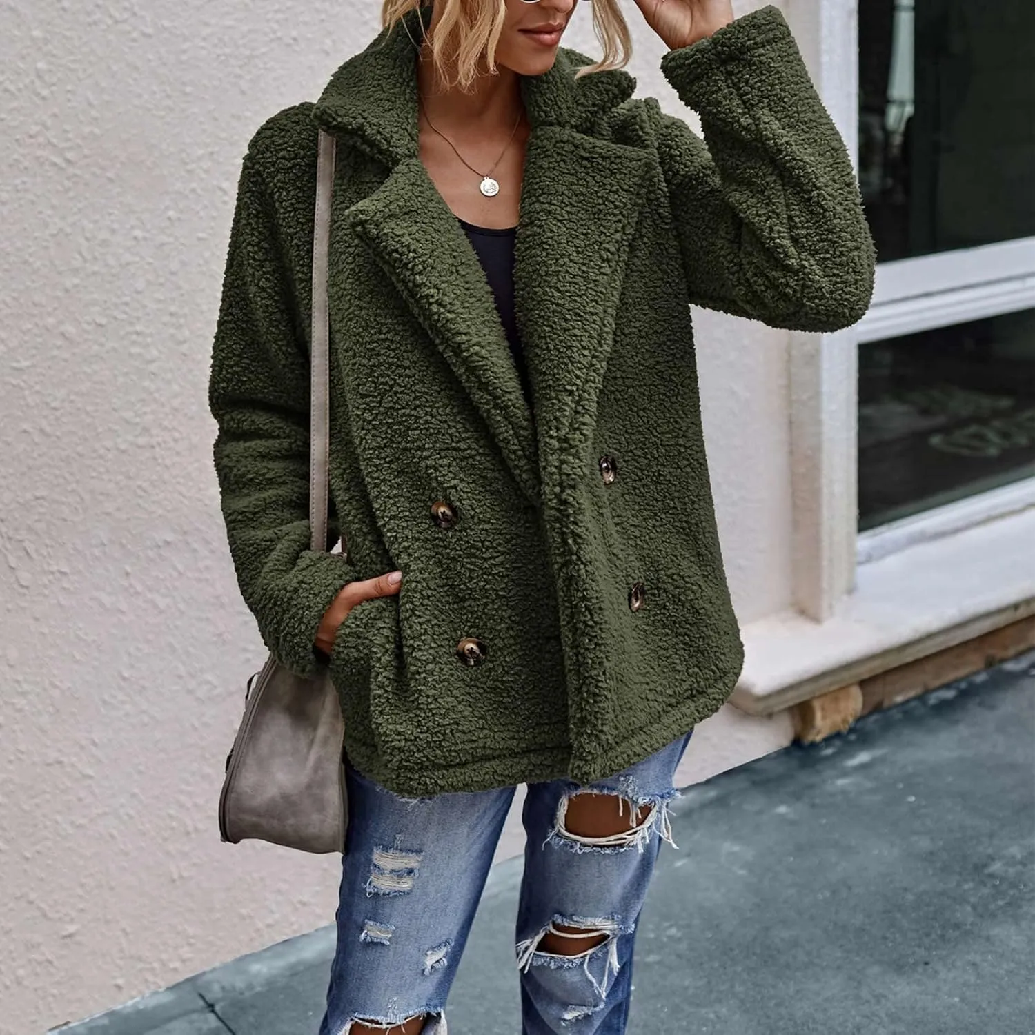 Women's Casual Fashion Loose Solid Color Hat Plus Fleece Collar Pocket Jacket
