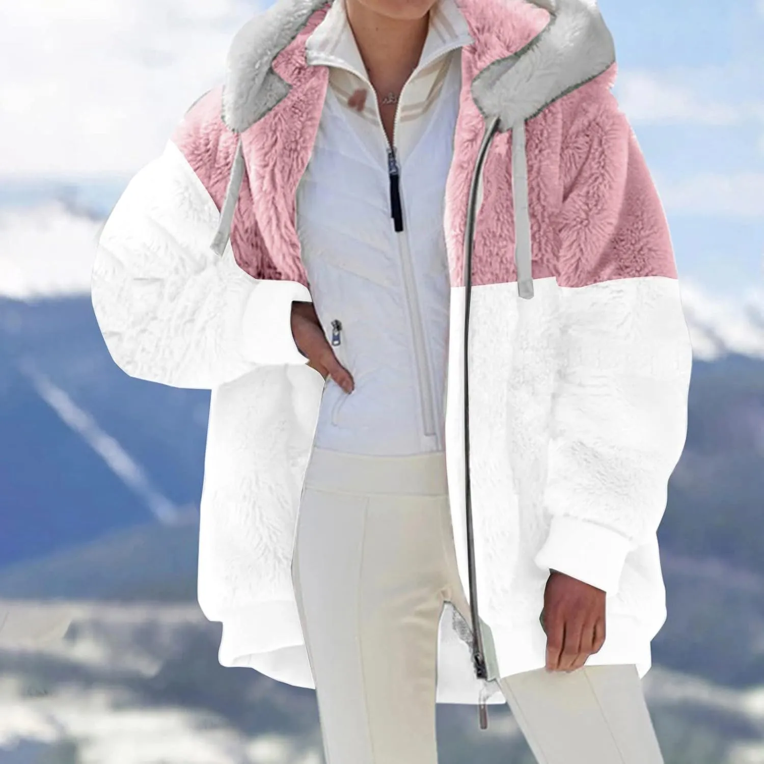 Women's Casual Fashion Loose Solid Color Hat Plus Fleece Collar Pocket Jacket