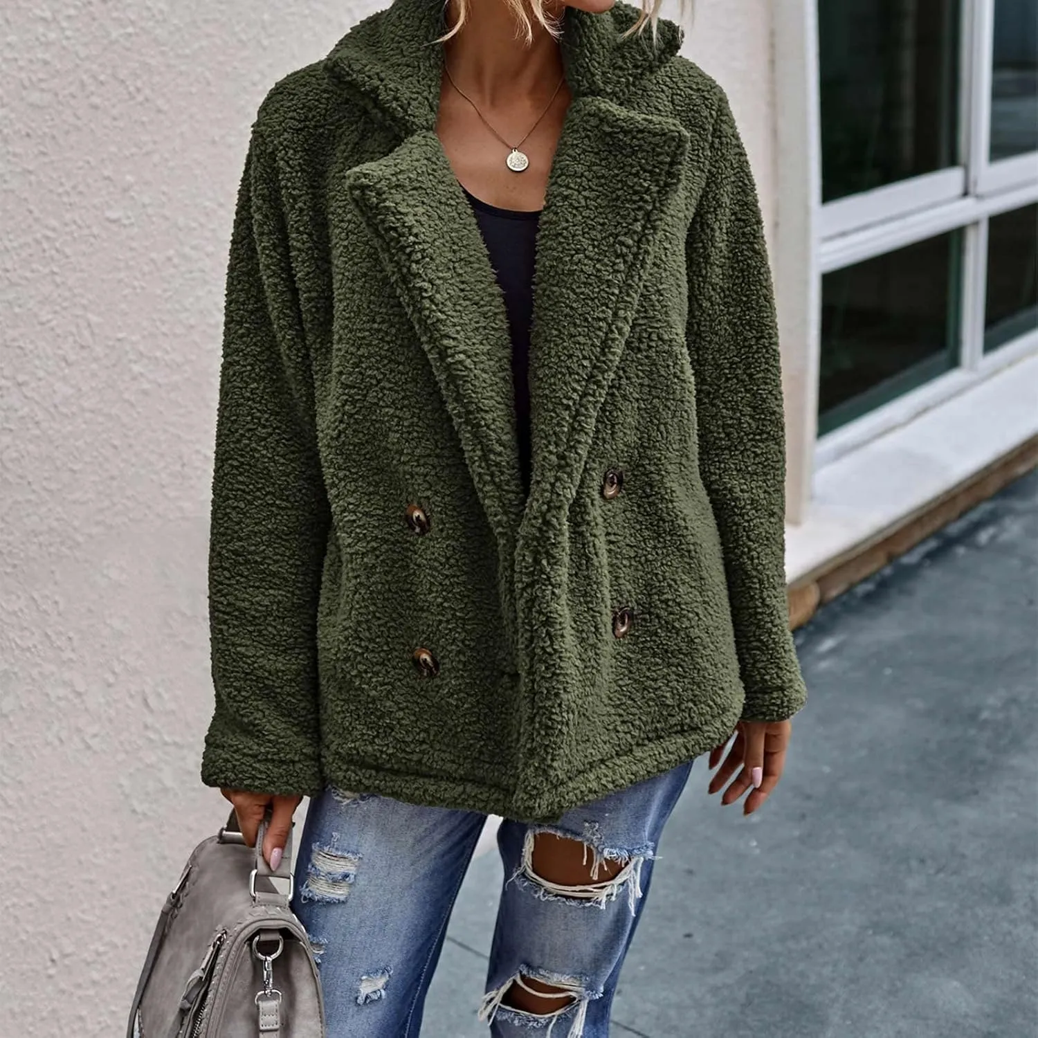 Women's Casual Fashion Loose Solid Color Hat Plus Fleece Collar Pocket Jacket
