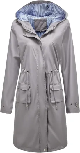 Women's Hooded Rain Jacket Long Waterproof Raincoat Casual Full Zip Anorak Midi Windbreaker Pockets