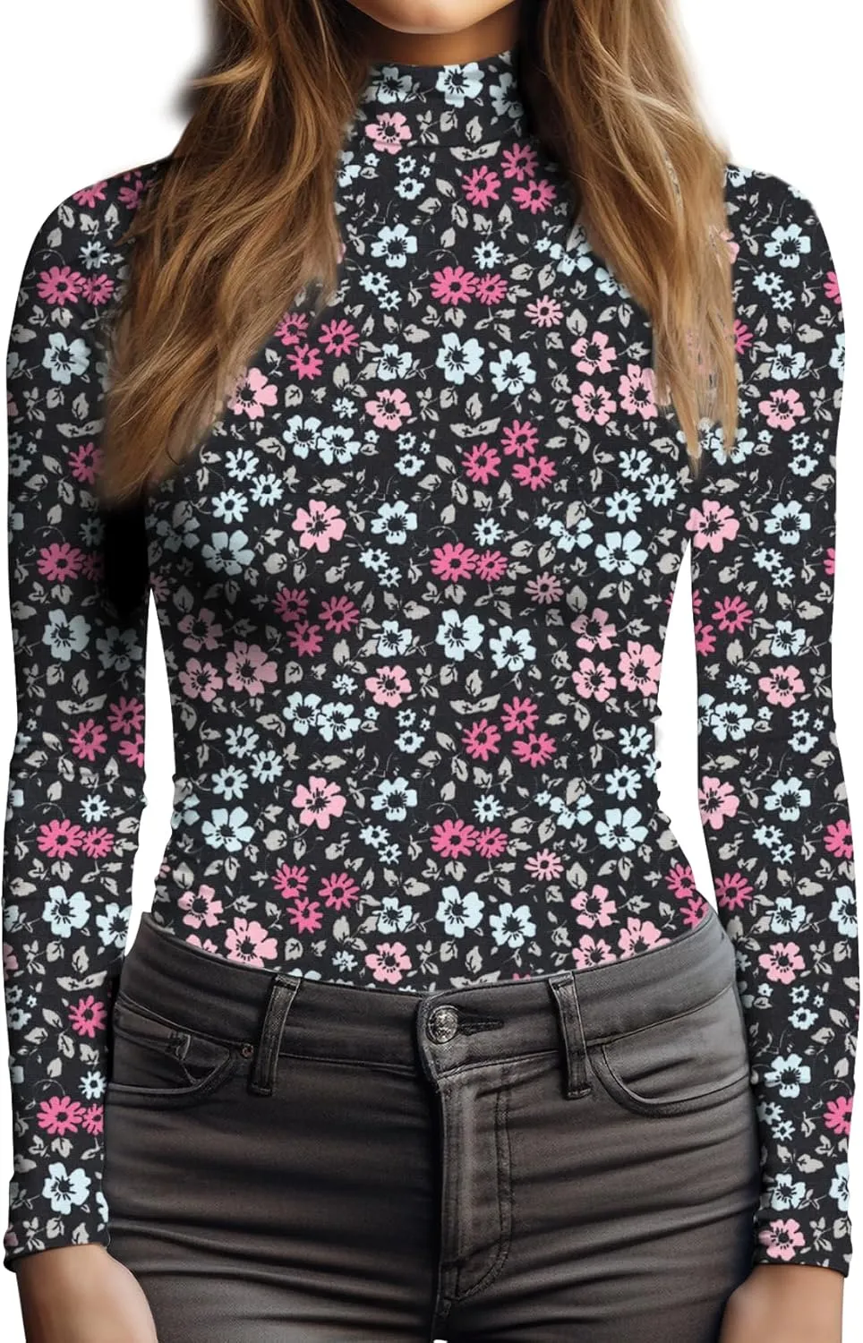 Women's Long Sleeve Mock Turtleneck Tops, Lightweight Baselayer Shirts, High Neck Pullover Undershirts Stretchy