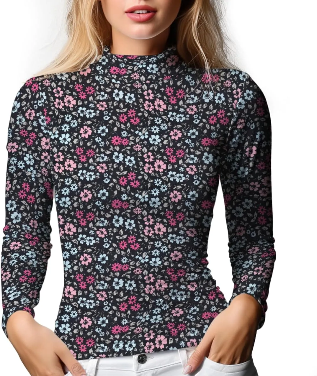 Women's Long Sleeve Mock Turtleneck Tops, Lightweight Baselayer Shirts, High Neck Pullover Undershirts Stretchy