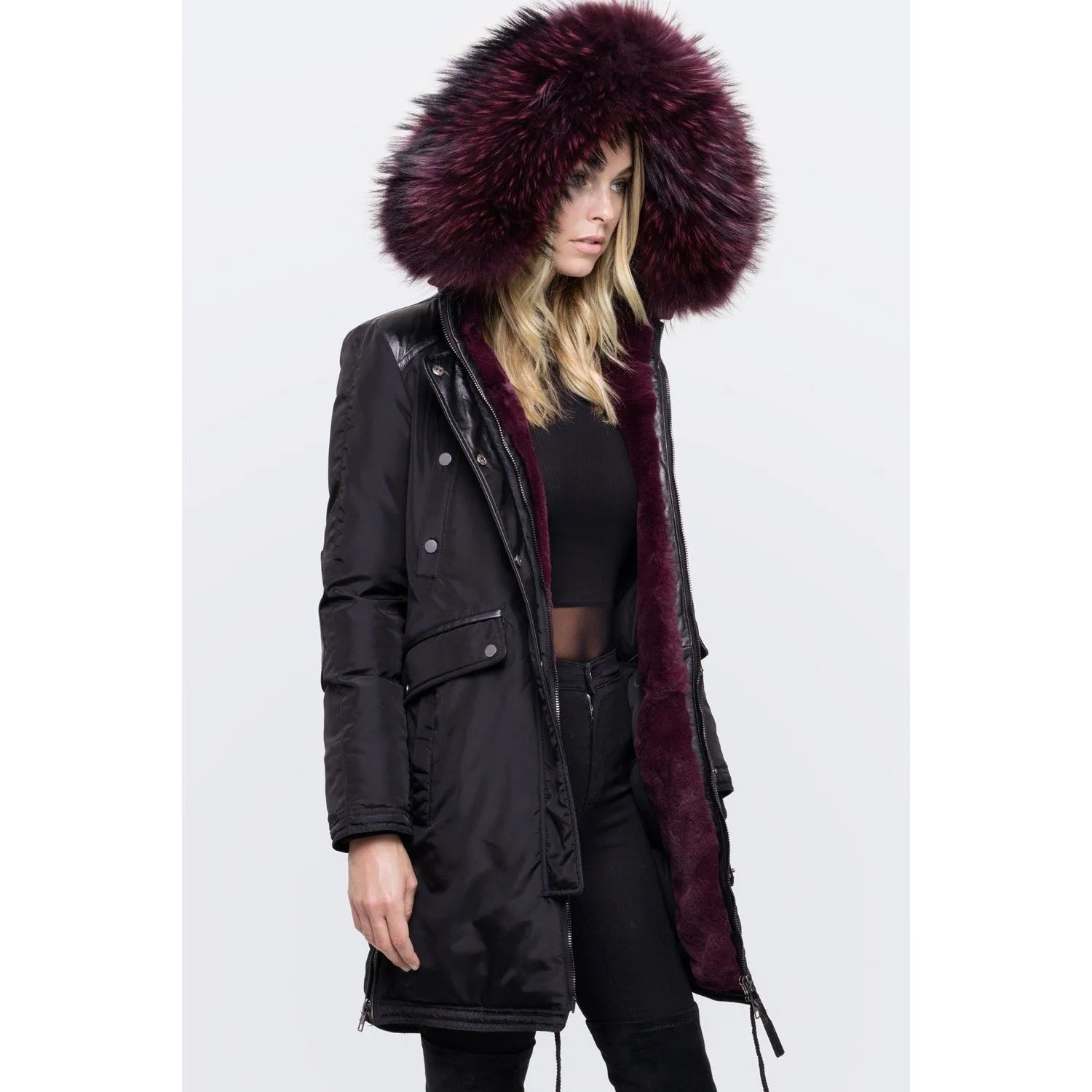 Nicole Benisti Womens Brera Coat in Black/Wine Color - Luxury Outerwear