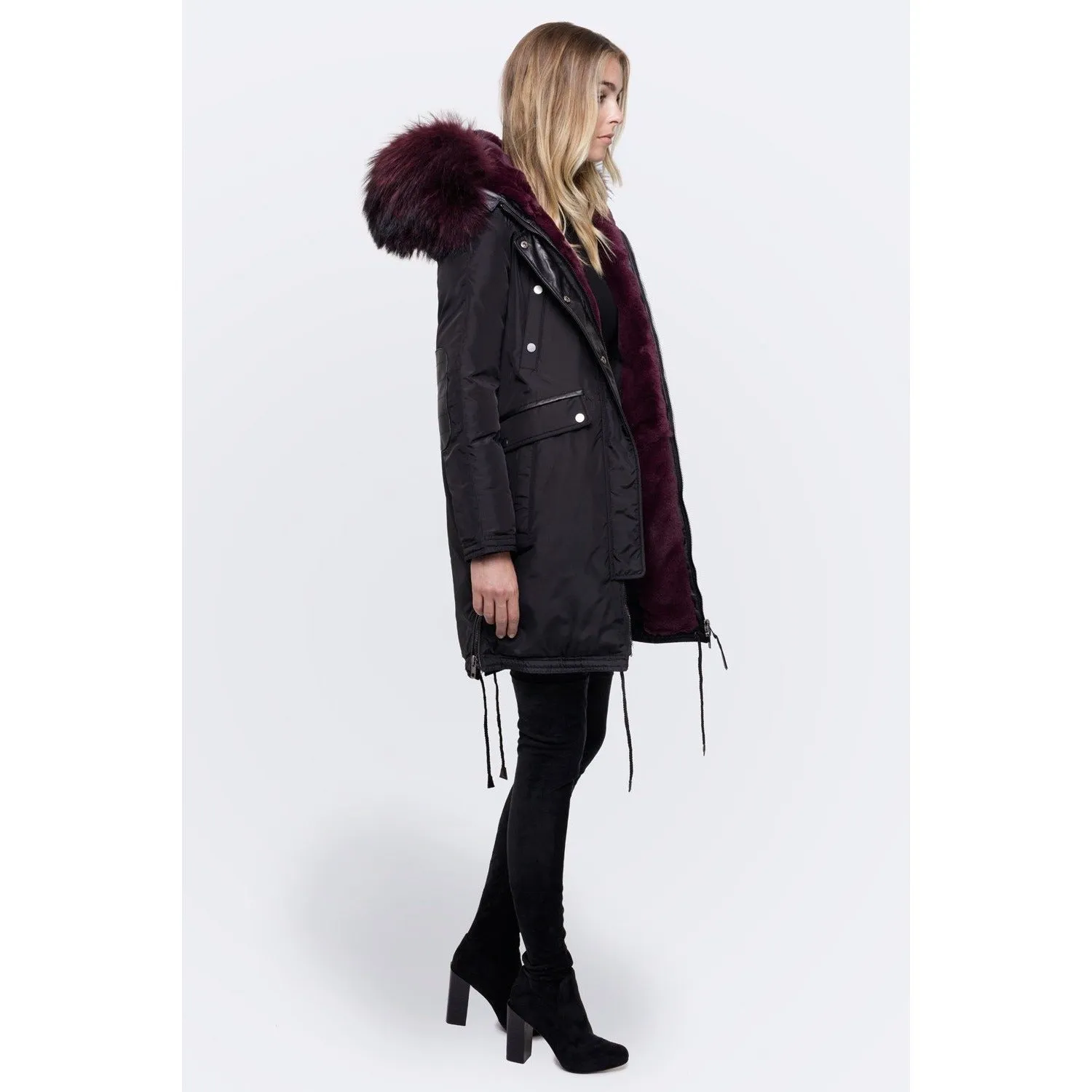 Nicole Benisti Womens Brera Coat in Black/Wine Color - Luxury Outerwear