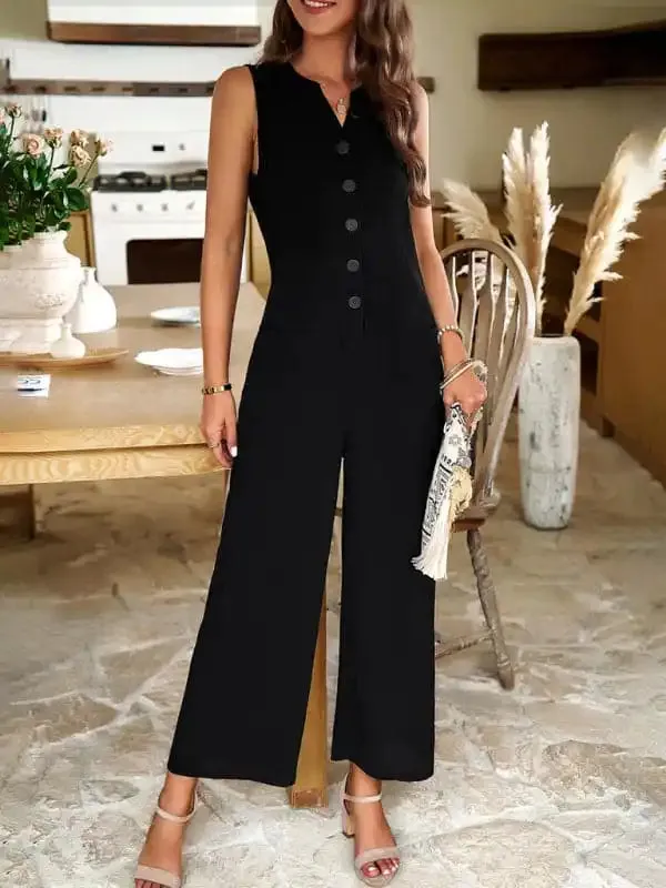 Women's Single Breasted Button Down V-Neck Short Sleeve Mid Waist Jumpsuit
