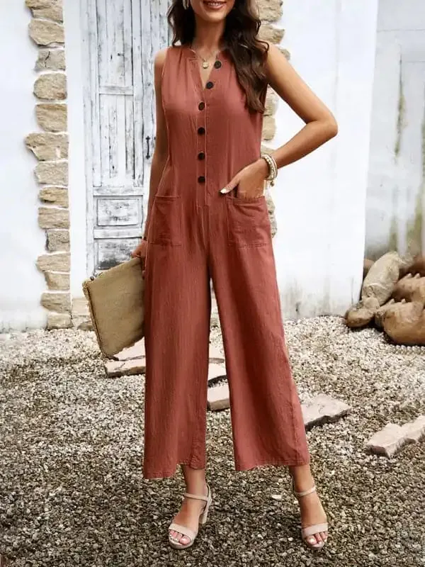 Women's Single Breasted Button Down V-Neck Short Sleeve Mid Waist Jumpsuit