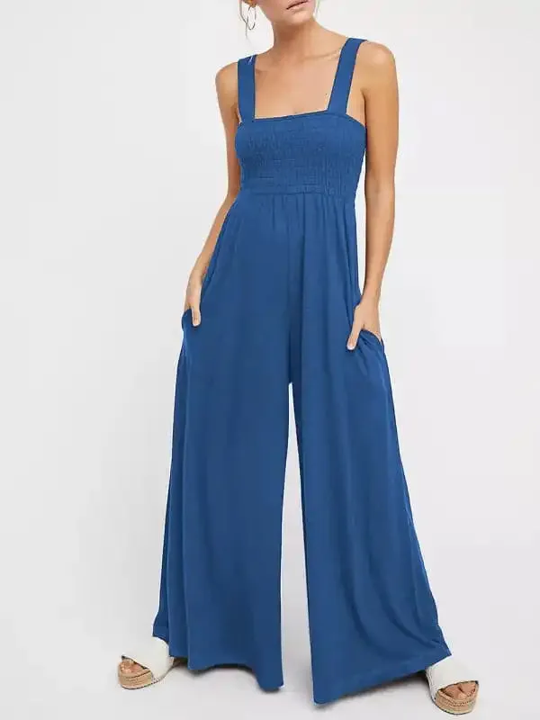 Women’s Square Neck Casual Slim Pleated Jumpsuit
