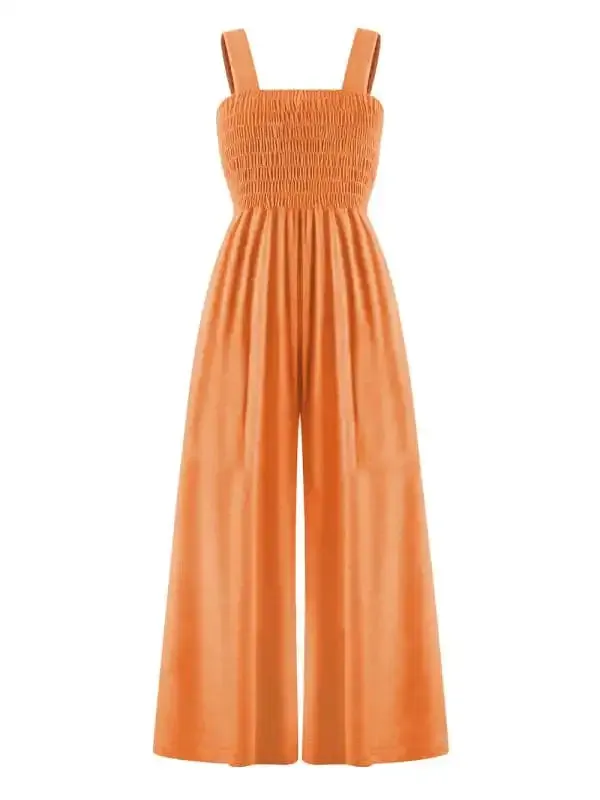 Women’s Square Neck Casual Slim Pleated Jumpsuit