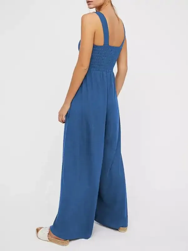 Women’s Square Neck Casual Slim Pleated Jumpsuit