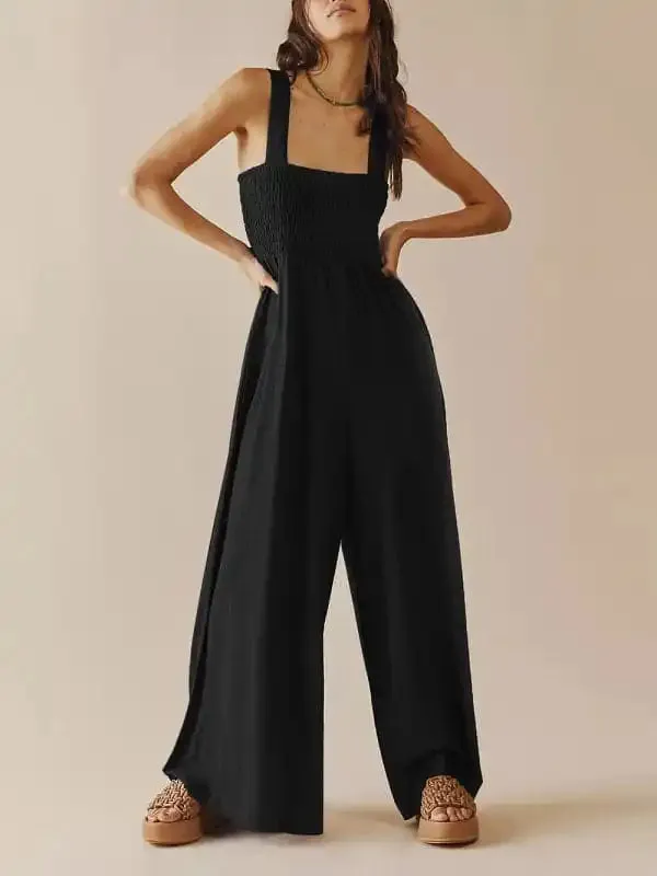 Women’s Square Neck Casual Slim Pleated Jumpsuit