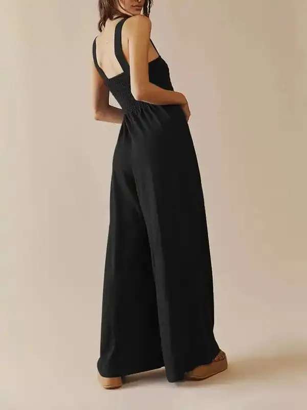 Women’s Square Neck Casual Slim Pleated Jumpsuit