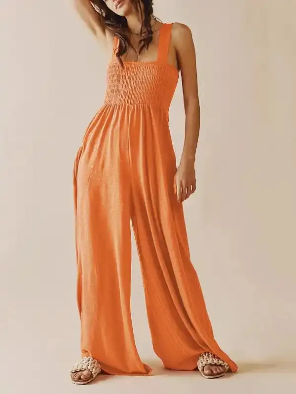 Women’s Square Neck Casual Slim Pleated Jumpsuit